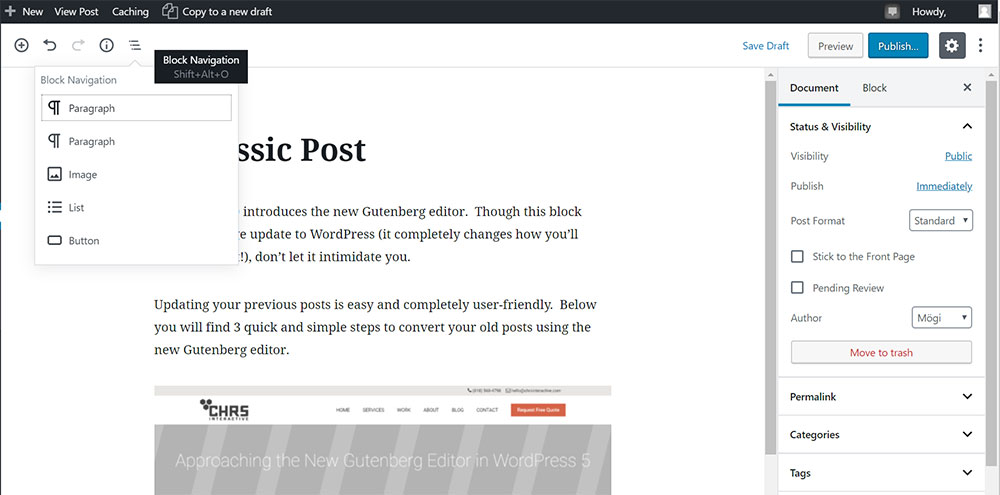 WordPress Gutenberg Block Editor Navigation