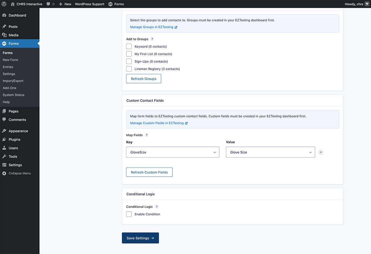 eztexting gravityforms addon field mapping